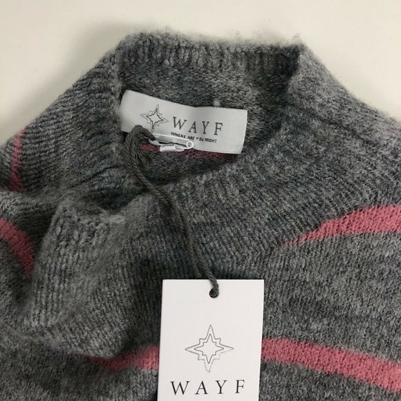 NWT WAYF Mock Neck Tie Waist Wool Blend Sweater Gray Pink Stripe Stretch - Picture 5 of 5